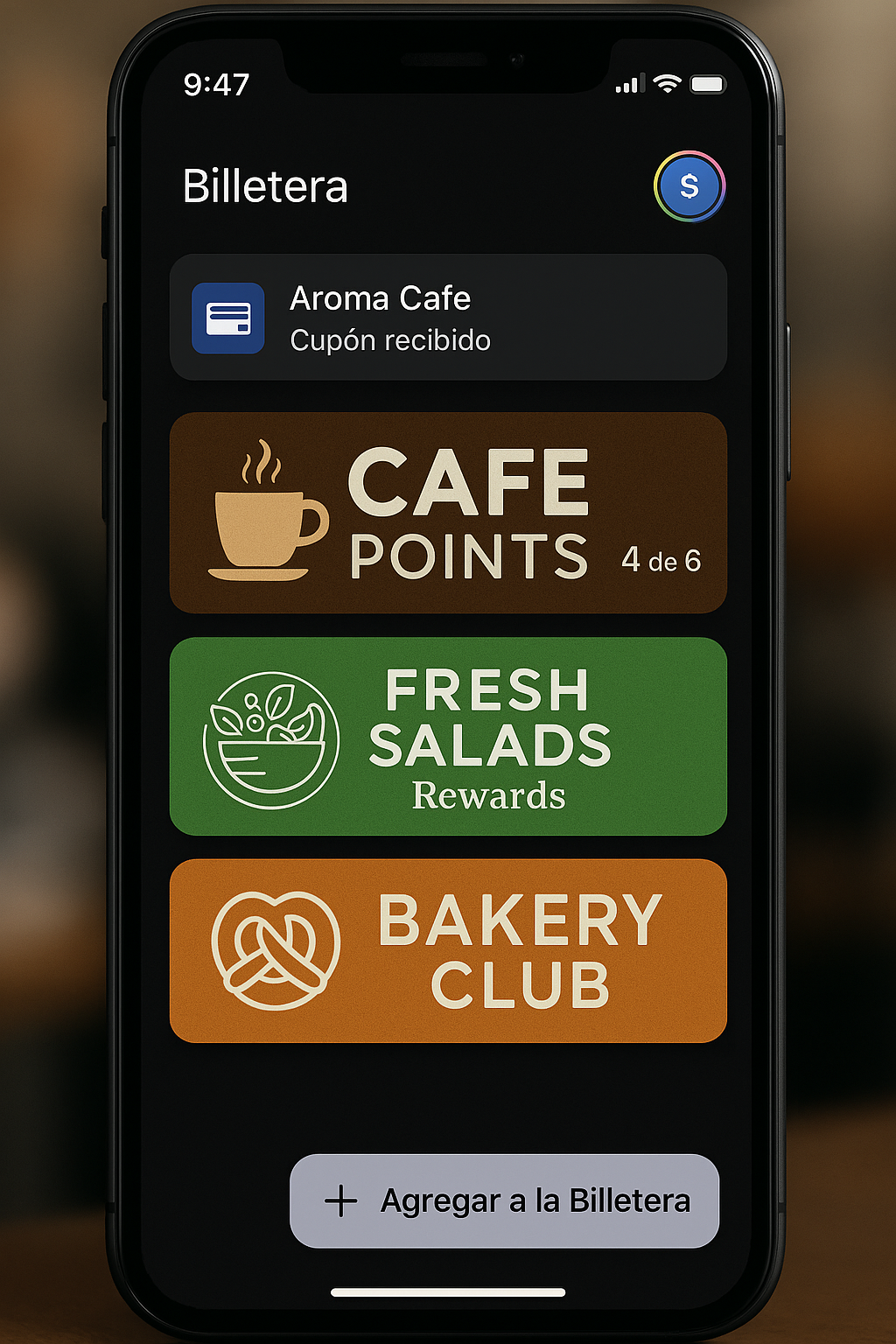 Billetera digital mostrando múltiples tarjetas de fidelidad de restaurantes